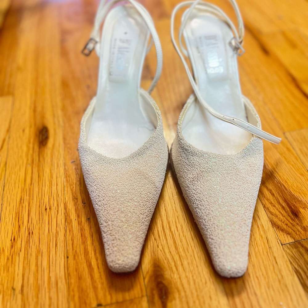 Sling back iridescent white shoes